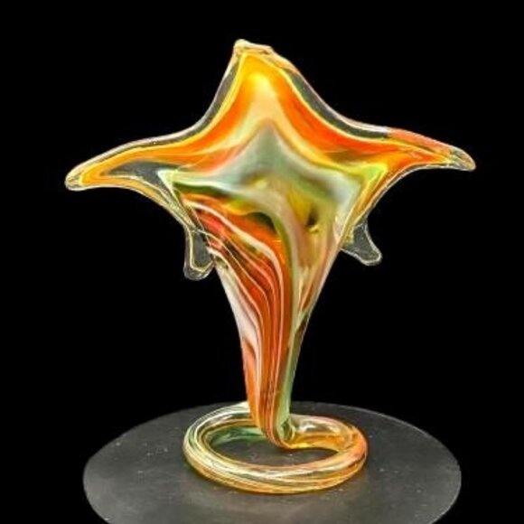 Vintage MCM Hand Blown Art Glass Green Orange Trumpet Flower Vase Decor 9 X 8 - Picture 4 of 6